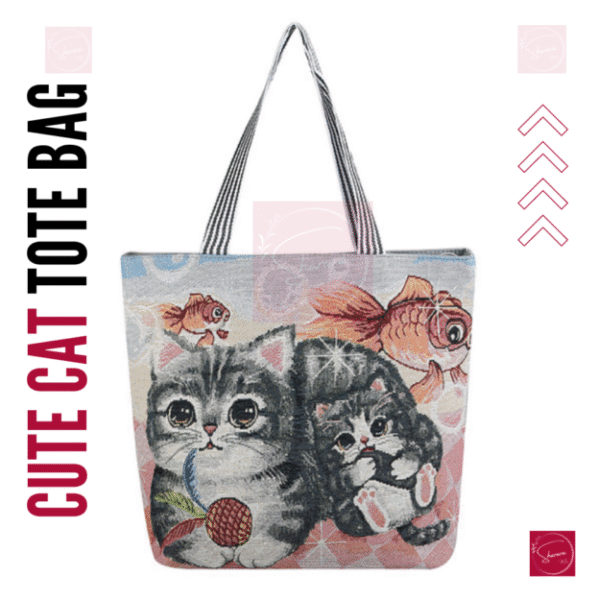 Cat Tote bag for girls with zipper, Fishy Cat Multifunctional Large Capacity, college, Korean