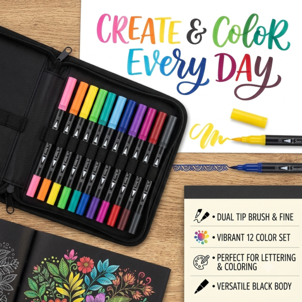 Dual Tip Brush Marker Pen, Colored Pen Fine Point Art Marker & Brush Highlighter Pen for Adult Coloring Hand Lettering Writing Planner Art Supplier(12 Colors Pen black bod Set) (P-3509)