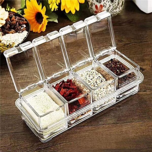 4 Grid Acrylic Seasoning Spice Box Kit with Spoon Kitchen Masala Container Seasoning Organizers Crystal Spice Box, For Kitchen (P-3164)