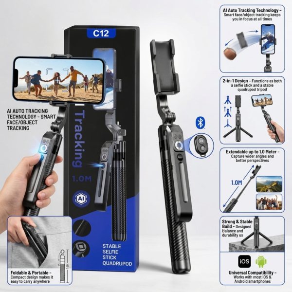 C12 AI Smart Tracking Selfie Stick Tripod (P-3579)